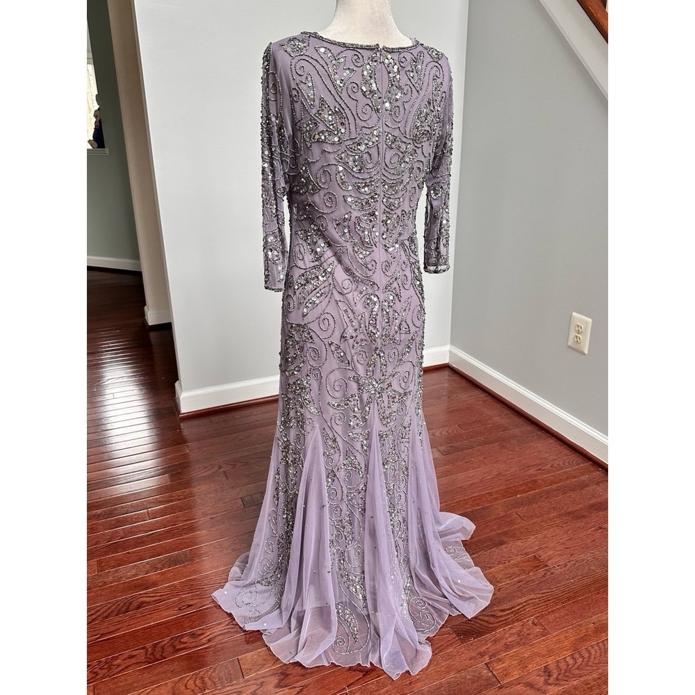 Pisarro Nights Mauve Grey Fully Embellished Beaded Quarter Sleeve Gown Dress 10p - Picture 4 of 12